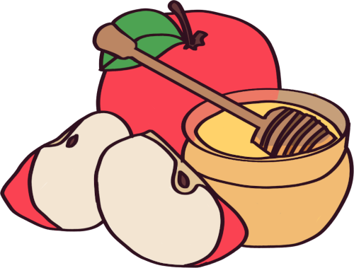 a pot of honey with a drizzler in it. behind it is a red apple, and in front of it are two pieces of cut apple.